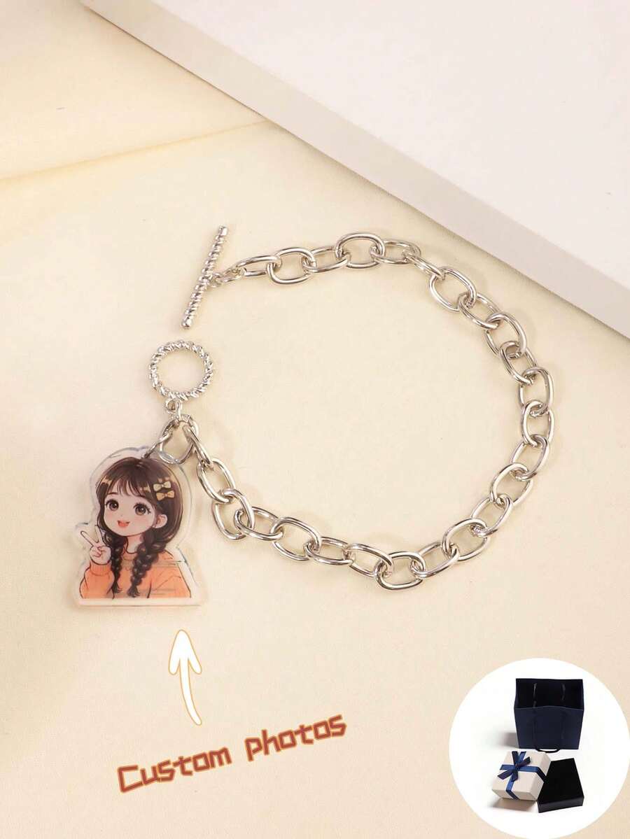 Customizable Bracelet, Creative Personal Chain Bracelet With Pendant, Provide Photo For UV Printing & Die-Cut, Suitable For Family, Friends, Idols, Double-Sided Transparent, Perfect For Birthday, Family Gathering, Valentine's Day, Parents, Couple, Anniversary, Gift For Mom, Dad, Friends, Boyfriend/Girlfriend, Daily Wear
