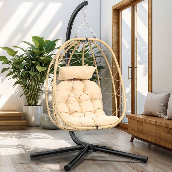 Modern Comfy Hanging Egg Chair With Stand Swing Chair Wicker Indoor Outdoor Hammock Egg Chair With Cushions For Patio, Bedroom, Garden And Balcony