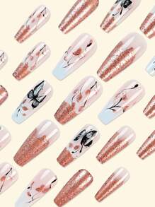 Y2K Update Your Look 24Pcs Long Coffin Super Glossy Press On Nails Pink Fashion French Style Gradient Glitter Geometry Stripe Gilding Flower Butterfly Leaf Pattern Beauty Simple Style Fake Nails Artificial Finger Manicure False Nails For Women Sweet,Cute,Minimalist,And Elegant Style Nail Art Set With Detachable Fake Nails Patches Suitable For Holiday Wear, Parties, Friends, Dates, Daily Wear