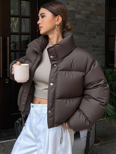 Livesso Drawstring Hem Drop Shoulder Padded Thick Coat, Women Winter Coat Jacket