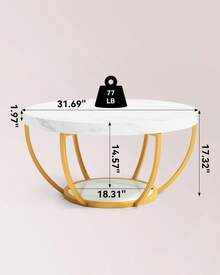Round Coffee Table, 32" Circle Faux Marble Coffee Tables For Living Room, 2-Tier Golden Metal Legs Accent Center Table With Open Storage Modern Design Home Furniture (White And Gold),7955890 - White - View 2
