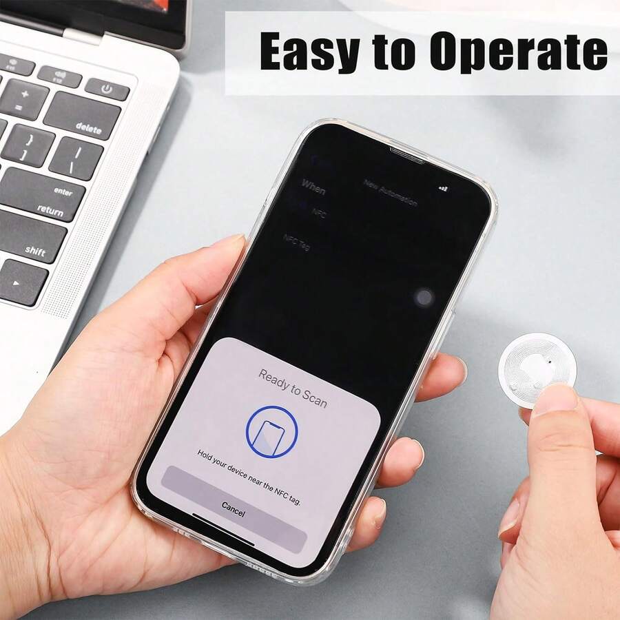 Etiqueta NFC NTAG215 reescribible - borrable y reutilizable, 504 bytes de memoria, diseño compacto redondo de 25 mm, generalmente compatible con Tagmo y dispositivos NFC - incluye pegatinas RFID