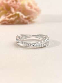 1 件镶钻双交叉戒指女士 S925 纯银镀白金戒指情人节精美女士珠宝日常佩戴礼物 - 兩層交叉戒指 - 查看 6