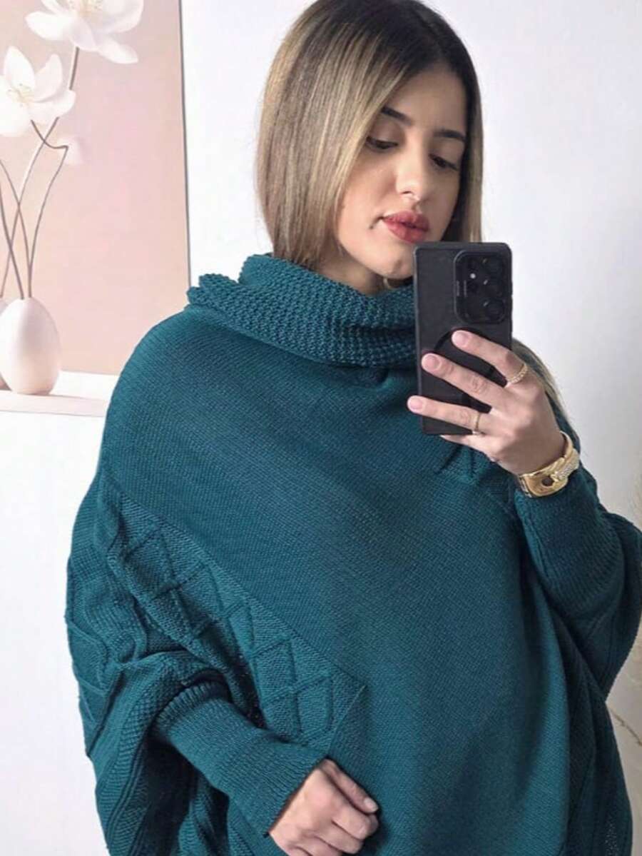 Women's Poncho Shawl Cuffed Knit Turtleneck Cape Winter Casual - 綠色 - 查看 1