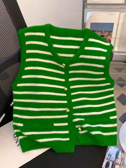 Gilet sans manches décontracté en tricot rayé avec décoration de bouton métallique pour femmes, pour le printemps et l'été
