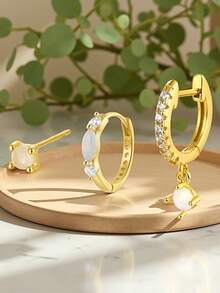 3 件优雅几何圆形蛋白石 925 纯银耳环 - 适合女士日常、派对和宴会佩戴 | 理想的生日、周年纪念和感恩节礼物