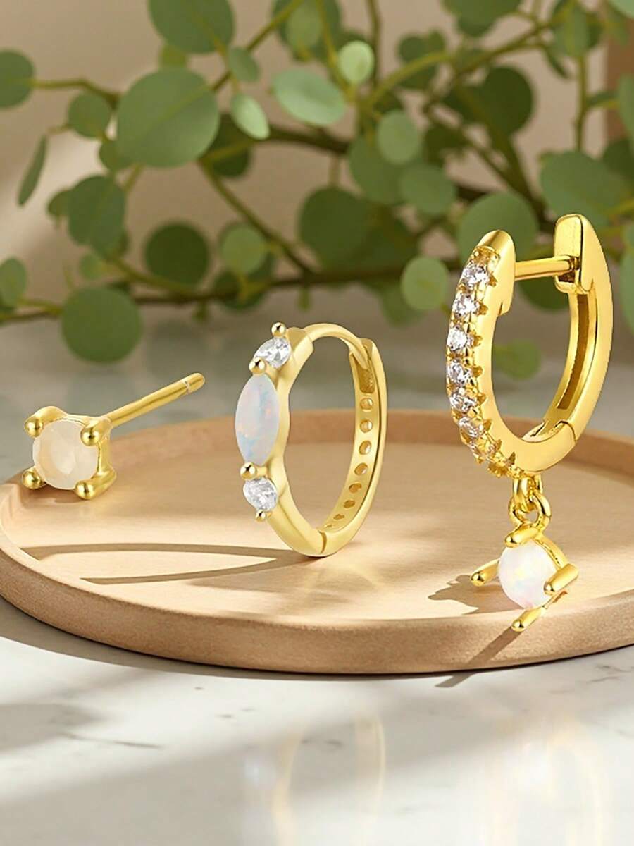 3 件优雅几何圆形蛋白石 925 纯银耳环 - 适合女士日常、派对和宴会佩戴 | 理想的生日、周年纪念和感恩节礼物