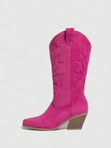 女式金属一脚蹬粗跟中筒靴，西式刺绣，秋冬款，粗跟，玫瑰红，牛仔靴 - 玫紅色 - 查看 5