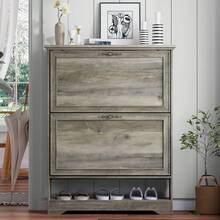 Shoe Storage Cabinet With 2 Flip Drawers, Farmhouse Narrow Shoe Cabinet With Open Storage, Freestanding Hidden Slim Shoe Organizer Cabinet For Entryway, Foyer, Hallway - Xám - Xem 7