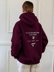 Livesso 女式长款连帽衫，背部印花，长袖上衣，秋季女装运动衫 - 酒紅色 - 查看 5