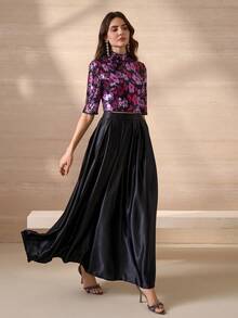 优雅奢华亮片刺绣花卉装饰上衣和 A 字裙女式轻盈两件套