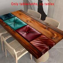 1pc Retro Wood Grain Patchwork Tablecloth, Natural Style, Elastic Edges, Easy To Clean, Suitable For Family Gatherings, Outdoor Picnics, Themed Parties, Indoor/Outdoor Use