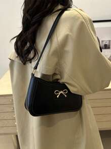 New Fashion Casual PU Leather One Shoulder Women Purse, Black, Khaki, Bow Knot, Metal Hardware Design - Black - View 4