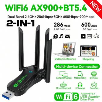AX900 WIFI6 USB适配器二合一蓝牙5.4双频2.4G&5GHz 900Mbps WiFi 6 802.11AX高速无线网卡接收器加密狗，4根天线，USB3.0接口，适用于PC笔记本电脑，Windows 10/11系统，免驱动