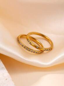 两枚优雅不锈钢戒指，镶嵌9颗或16颗钻石，奢华钛钢首饰，适合女士日常佩戴 - 金色 - 查看 2