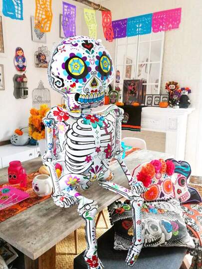 1pc Colorful Large Skeleton Foil Balloon Suitable For Halloween Party, Decoration, Mexican Day Of The Dead, Outdoor Halloween Decor, Horror Atmosphere Decor Photo Prop