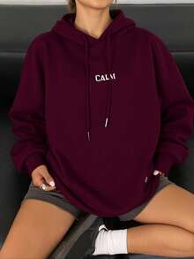 Livesso 女式长款连帽衫，背部印花，长袖上衣，秋季女装运动衫 - 酒紅色 - 查看 8