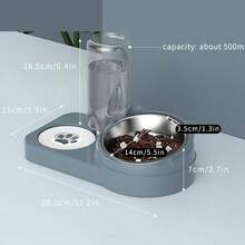 1 Piece Detachable And Washable Tilted Pet Bowl With Bear Ear Design, Anti-Spill And Anti-Moisture, Large Capacity Double Bowl With Automatic Water Dispenser, Stainless Steel - Multicolor - View 2