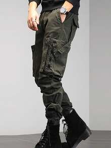 New Men's Cross-Border Multi-Pocket Cargo Pants Straight-Leg Loose-Fit Spring Autumn Summer Pure Cotton Casual Long Pants - 綠色 - 查看 1