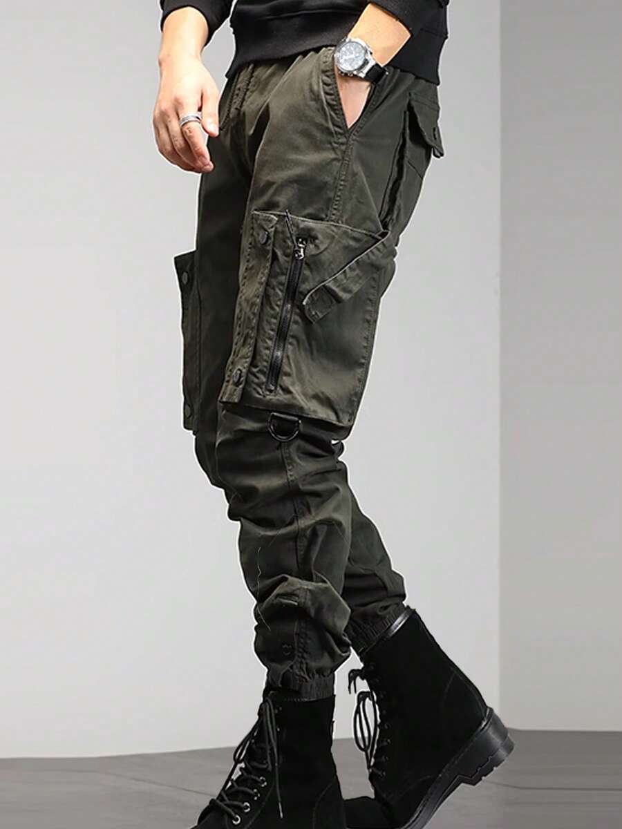 New Men's Cross-Border Multi-Pocket Cargo Pants Straight-Leg Loose-Fit Spring Autumn Summer Pure Cotton Casual Long Pants - 綠色 - 查看 1