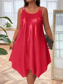 Plus Size Women Solid Color Shiny Asymmetrical Hem Slip Dress - Red - View 1