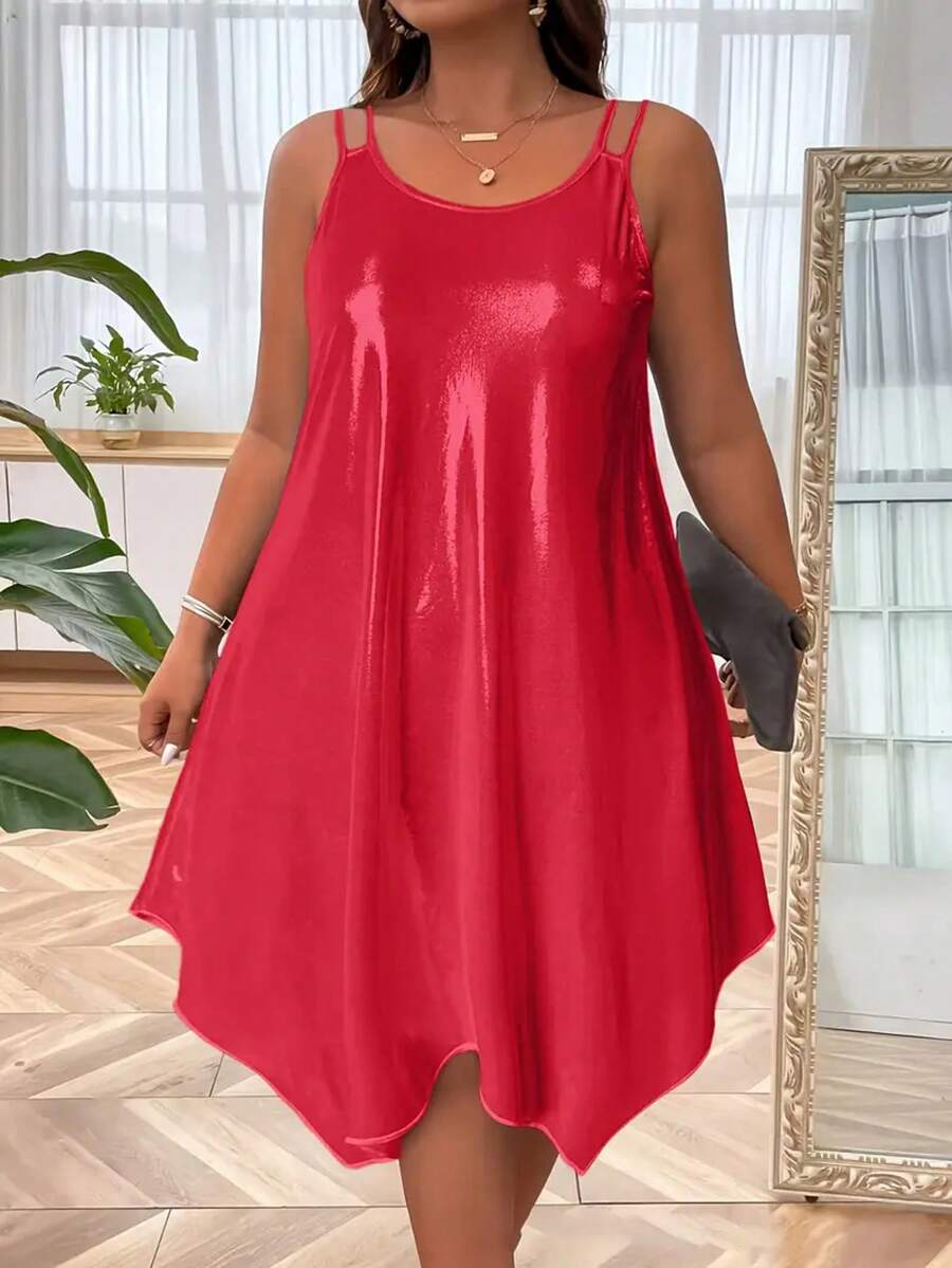 Plus Size Women Solid Color Shiny Asymmetrical Hem Slip Dress - Red - View 1
