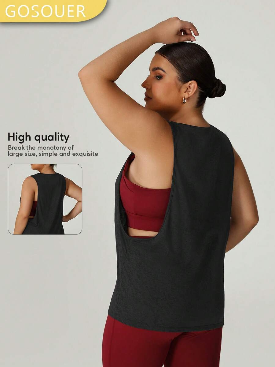 Women's Summer Plus Size White Jacquard Lightweight Breathable Sleeveless Sports Blouse Tank Top Black - Black - View 1