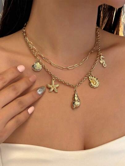 1 pieza Collar colgante de lujo con concha marina, estrella de mar y caballito de mar, adecuado como accesorio diario para mujer, de vacaciones, citas y como regalo
