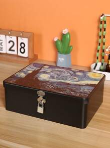 1pc Vintage Style Large Capacity Metal Tin Box With Lock And Key - Ideal For Cosmetics, Jewelry And Certificates - Black Metallic Art Tin