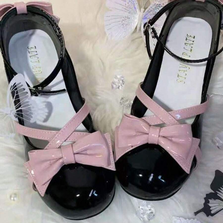 Mary Jane Schuhe Cross Ribbon Lolita Eleganter Rundhalsausschnitt Chunky Heels
