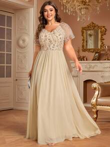 EVERPRETTY Plus Elaborate Embroidered Sequin Applique V Neck Short Sleeves Evening Dress For Dinner Party Fall Wedding Guest Dresses Champagne Bridesmaid Dresses