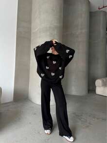 Women Casual Heart Pattern Round Neck Long Sleeve Pullover Top And Long Pants Set, Embroidery Design - Black - View 4