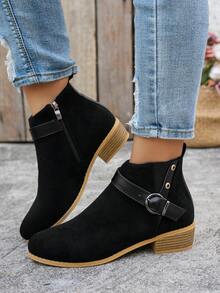 Botas de tobillo con botones de moda para mujer, botas de tobillo cortas casuales y de exterior de talla grande - Negro - Ver 3