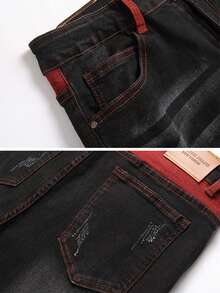 Men's Fashionable And Casual Street Elastic Black Old Jeans, Urban Edge Red Stitched Ripped Denim, Plain Full Fit Pockets, Thanksgiving Valentine's Day Pride Month Teacher's Day Easter New Year Christmas Halloween Suitable For All Seasons - 紅色 - 查看 4