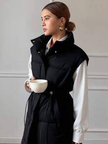 Livesso 女士冬季休闲纯色立领抽绳马甲棉服外套，黑色背心，冬季女装，冬季外套女夹克 - 黑色 - 查看 2