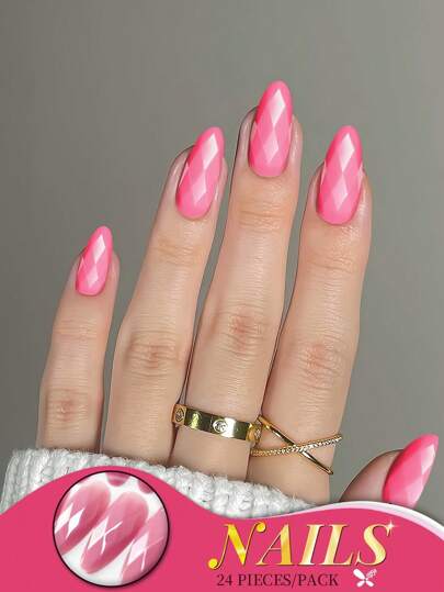 24 piezas de pegatinas de uñas con forma de almendra mediana, rosa neón brillante con diseño de corte de diamante, set de uñas de moda con un uso cómodo y fácil aplicación, adecuado para todas las mujeres, incluye gel de gelatina y buffer para hacer que sus yemas de los dedos se vean talla grande hermosas