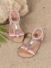 1 Đôi dép xăng đan phong cách Bohemian thời trang cho trẻ em, khóa dán, dép xăng đan đi biển thoải mái có hạt màu ngẫu nhiên - Hồng - Xem 2