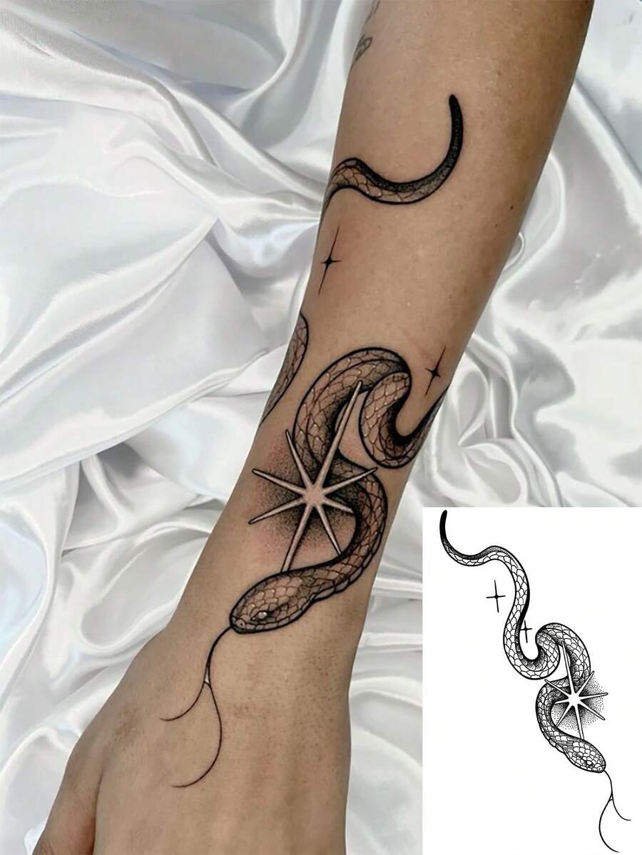 1pc Fashionable & Cool Temporary Tattoo Sticker, Shiny Stars & Serpent Waist Band Tattoo, PVC Tattoo Sticker Suitable For Couples, Black Faux Tattoo Design, One-Time Tattoo Pattern, Waterproof, No Reflection, Easy To Apply & Remove, Highly Realistic Tattoo Sticker