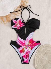 Women's New Style European And American Sexy Halter One-Piece Cutout Swimsuit - Black - View 3