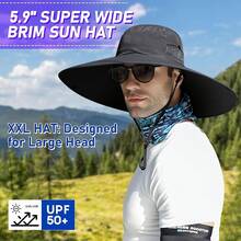 ALANGDUO - Sombreros para el sol de cabeza grande y ala súper ancha para hombres, talla XXL, gran sombrero de pesca para safari, jardinería, senderismo - Negro - - Ver 2