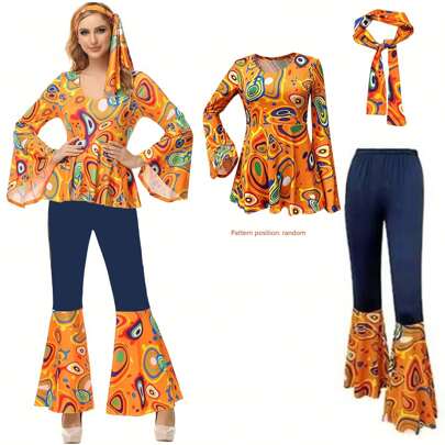 Zestaw retro hipisowski z lat 70. dla dziewcząt i kobiet (położenie wzoru losowe) Subersywny seksowny styl, strój festiwalowy, prezent świąteczny, strój na wyjście, odzież imprezowa, elegancki strój, kwiaty, stroje dla dorosłych kobiet, przebieranki na imprezę halloweenową