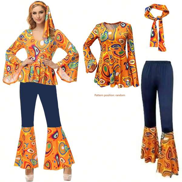 70s Retro Hippie Set With For Girls And Women(Pattern Position Is Random)Subersive Sexy Style,Festival Outfit,Holiday Gift,Going Out Outfit, Partywear, Elegant Outfit,Floral, Grown Women Outfits,For Halloween Party Dressing Up