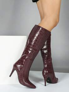 女士勃艮第尖头侧拉链细高跟中筒靴，简约优雅时尚百搭过膝靴，适合日常穿着 - 酒紅色 - 查看 5