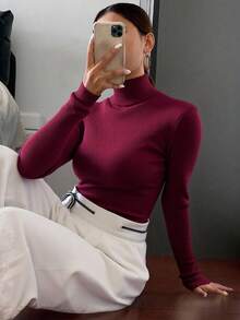 Livesso Jersey de cuello alto acanalado, blusas de manga larga, ropa de mujer de otoño - Burdeos - Ver 5
