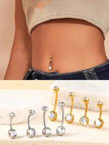 Stainless Steel Double-Headed Rhinestone Belly Button Ring, Stainless Steel Shiny Rhinestone Belly Button Ring, Simple And Shiny Gold, Suitable For Women's Daily Wear - Yellow Gold - View 6