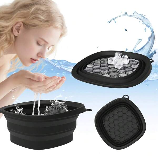 Bañera de hielo plegable de silicona - Diseño de almacenamiento portátil, bandeja de agua con hielo incorporada y ranuras para cubitos de hielo, relajación de cara y Body, sin electricidad, serie beige completa, herramienta de cuidado de la piel portátil, bañera de hielo con tapa, diseño compacto a prueba de fugas, esencial para entusiastas de la belleza