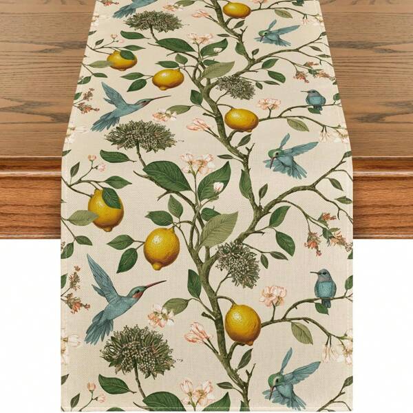 1 pieza Camino de mesa de verano con limones marrones y pájaros, decoración de mesa de comedor de primavera para el hogar y fiestas