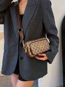 2025新款时尚经典百搭纯色PU防水材质菱形设计复古别致金属动物标志设计单肩包方形包字母图案装饰设计斜挎包适合购物，动物纹印花女士手提包 - 卡其色 - 查看 4