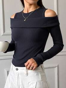 Livesso Women Solid Color 2 In 1 Cold Shoulder Fitted Fashionable T-Shirt, Deep Grey, Spring/Summer/Autumn Long Sleeve Women Tops,Fall Women Clothes - Dark Grey - View 4