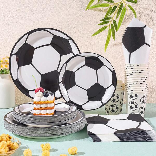 7/9 pouces Ensemble de vaisselle jetable thème football blanc, assiettes en papier, serviettes, gobelets, fournitures pour fête d'anniversaire, décorations de fête